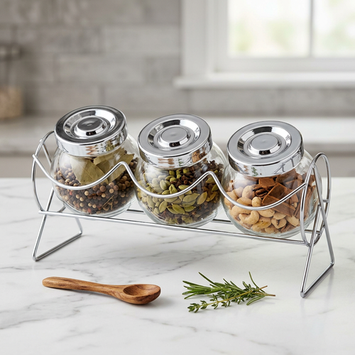Modern Glass Container Set of 3 with Metal Stand