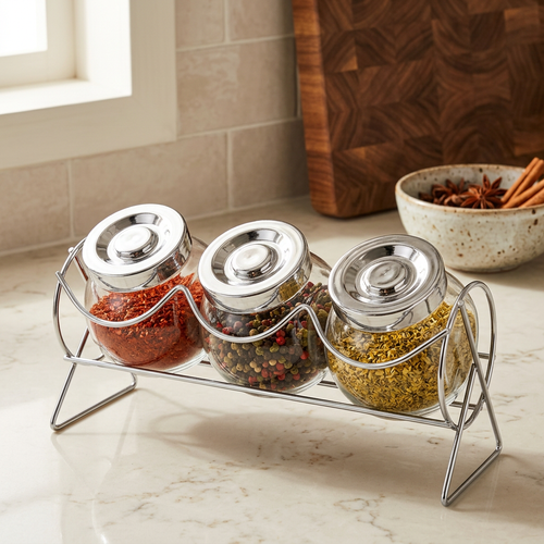 Modern Glass Container Set of 3 with Metal Stand