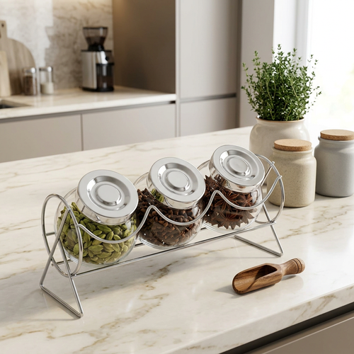 Modern Glass Container Set of 3 with Metal Stand