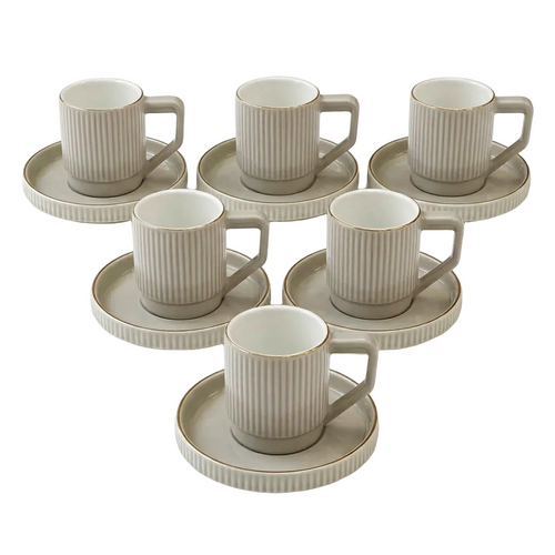 Nordic Textured Cup & Circular Grooved Saucer Set of 6