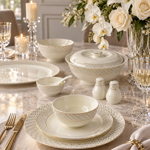 Sovereign Ivory & Gold Woven Textured Dinner Set 39 Piece