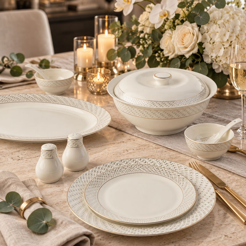 Sovereign Ivory & Gold Woven Textured Dinner Set 39 Piece