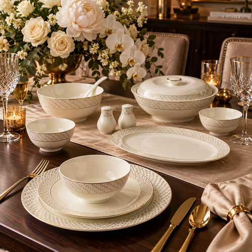 Sovereign Ivory & Gold Woven Textured Dinner Set 39 Piece