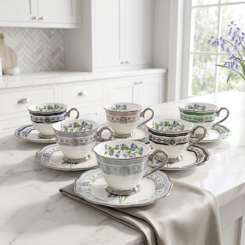 Elegant Floral Cups with Scalloped Saucers & Silver Base Set of 6