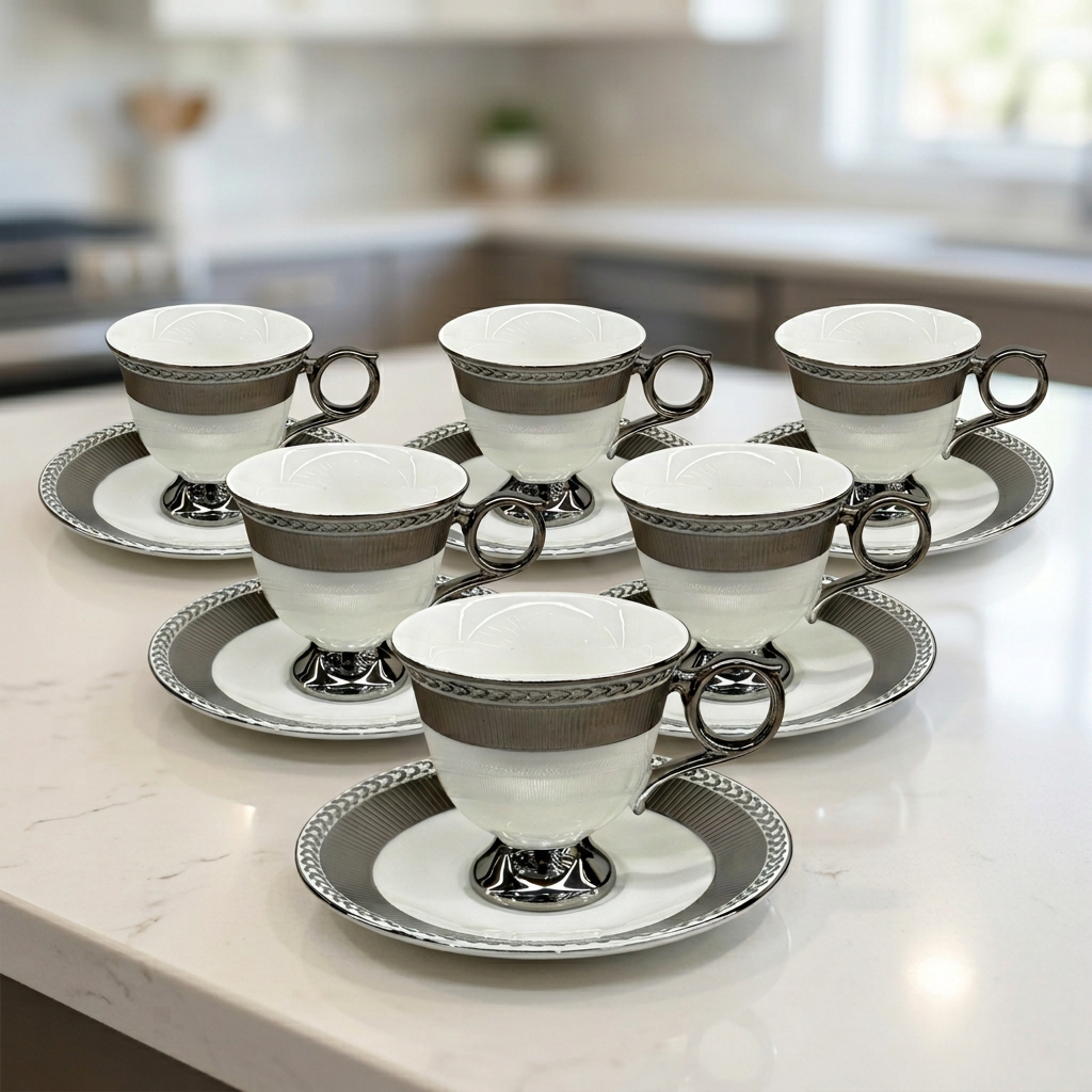 Modern Platinum Accent Cup & Saucer Set of 6