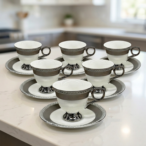 Modern Platinum Accent Cup & Saucer Set of 6