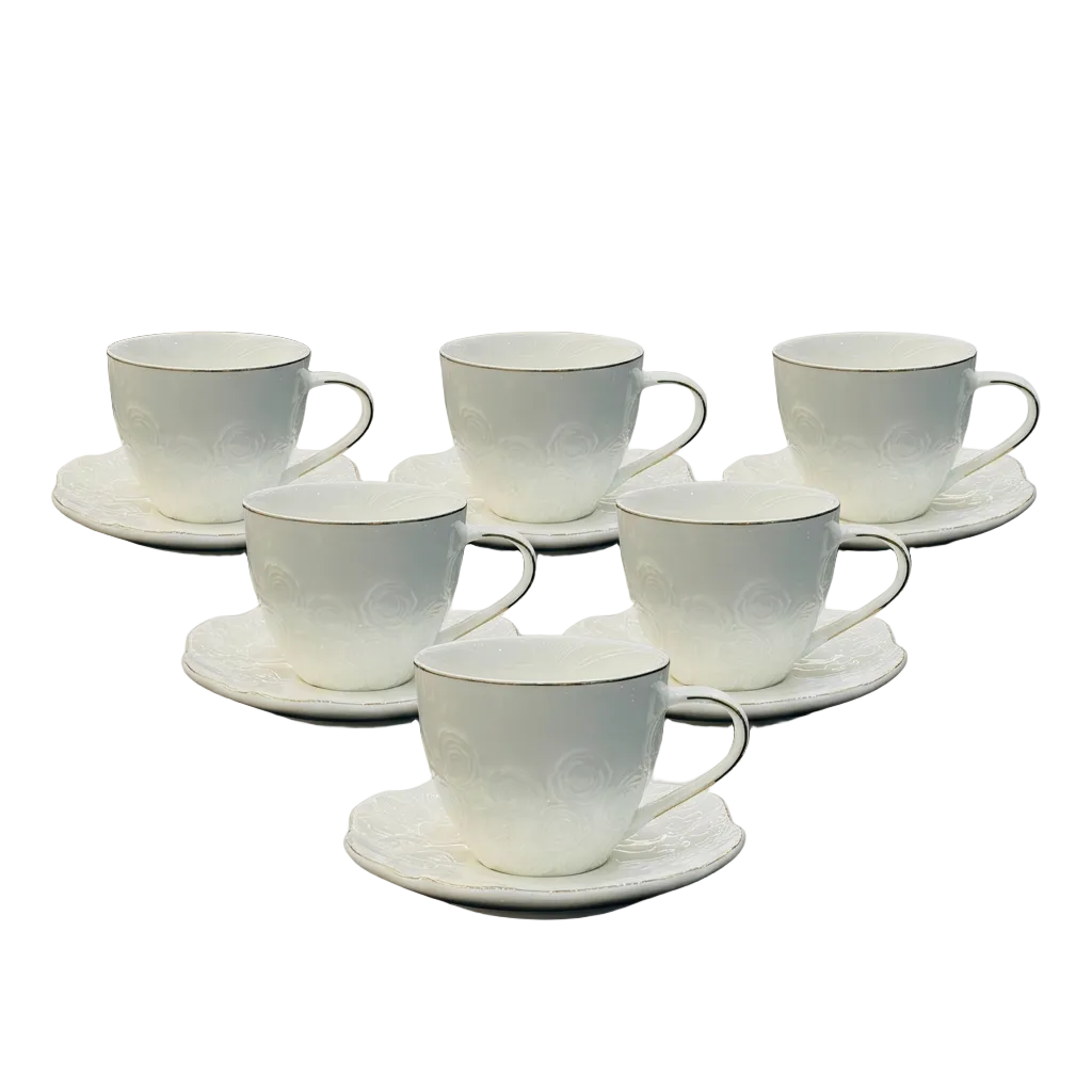 Elegant Primrose Embossed Cup & Saucer Set of 6