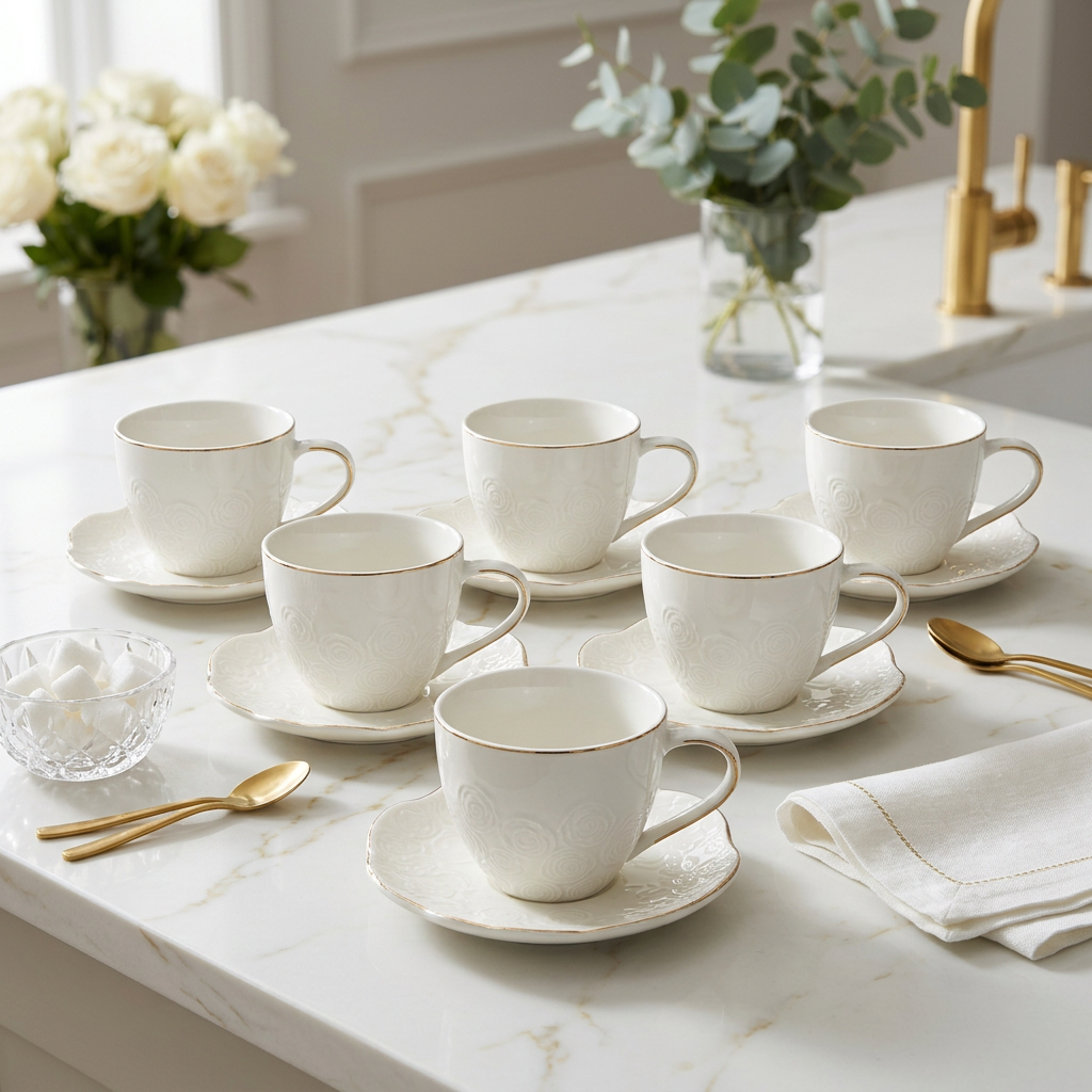 Elegant Primrose Embossed Cup & Saucer Set of 6