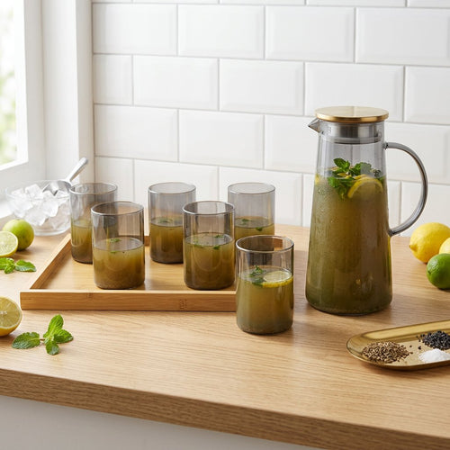 Nordic Smoke Glass Pitcher and Beverage Service Set 8 Piece