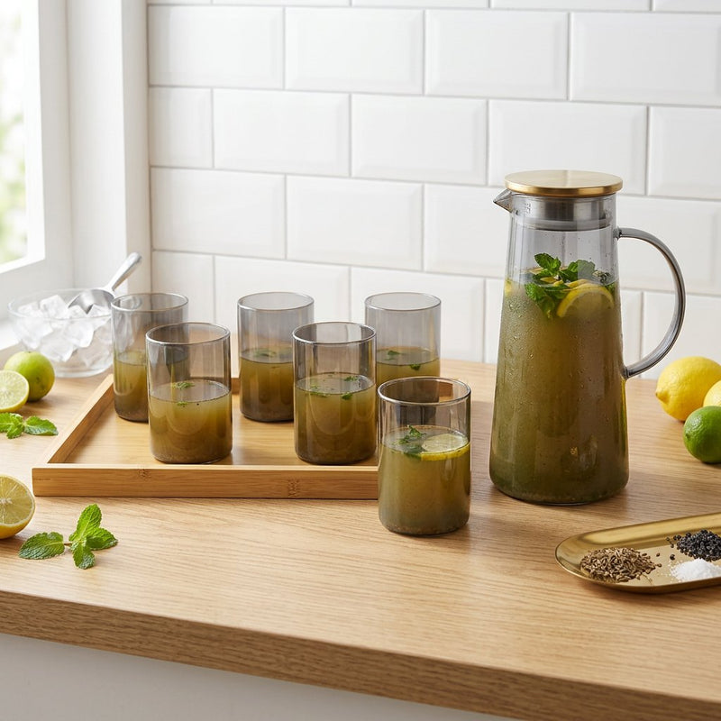Nordic Smoke Glass Pitcher and Beverage Service Set 8 Piece