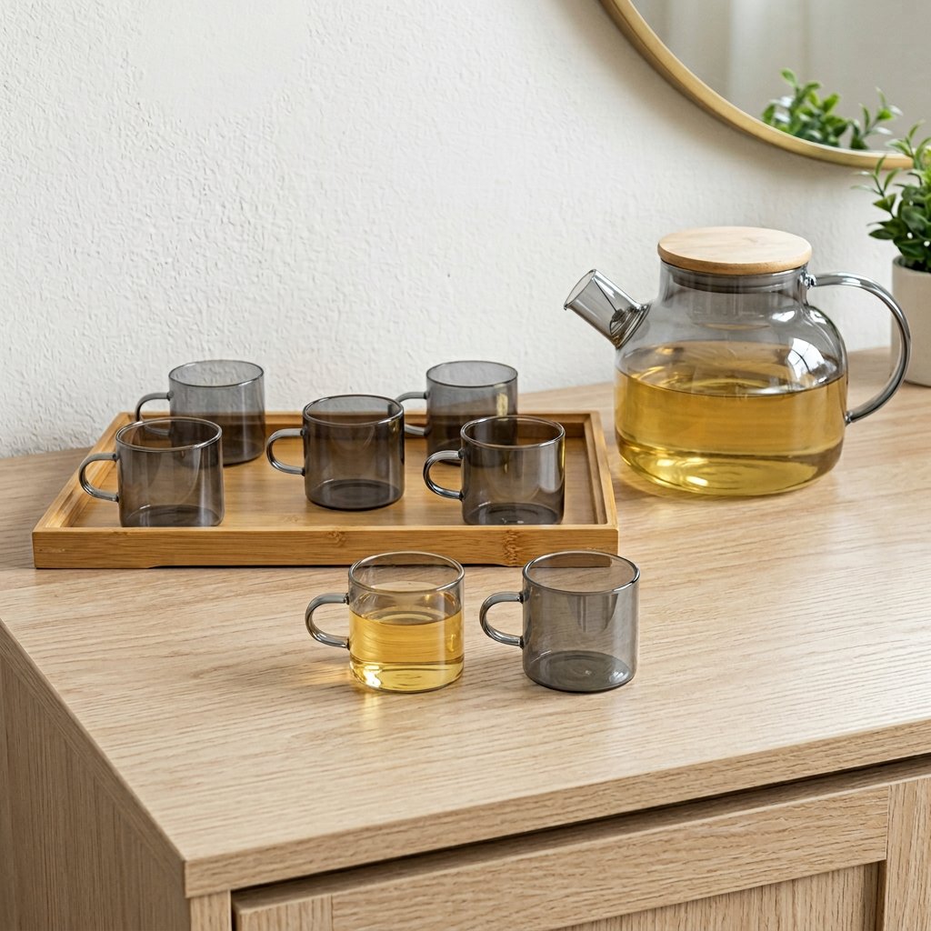 Kyoto Smoke Glass Pot & Cup Set with Tray 8 Piece