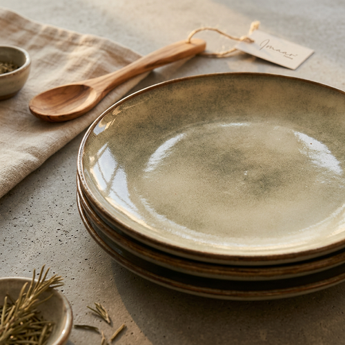 Earthy Green Ceramic Plate with Brown Rim 10.5 Inch