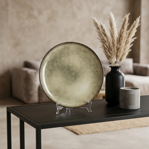 Earthy Green Ceramic Plate with Brown Rim 10.5 Inch