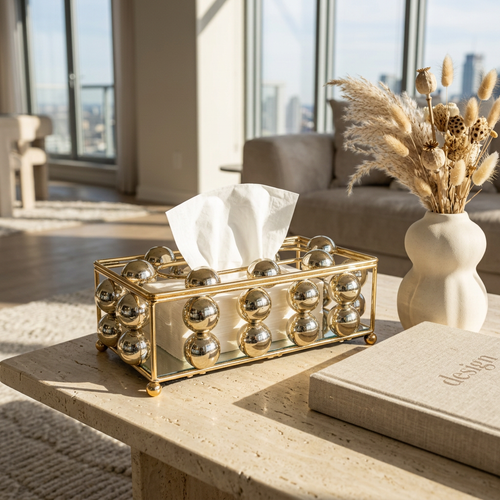 Luxe Gold Wire & Polished Orb Tissue Box Holder
