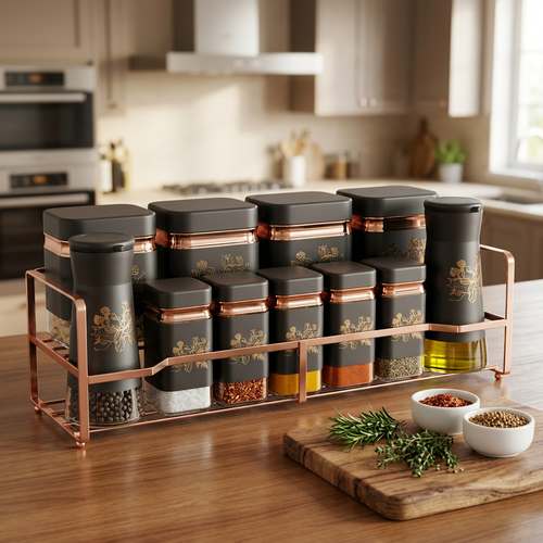 Premium Spice Jar Set with Rose Gold Metal Stand 12 Piece