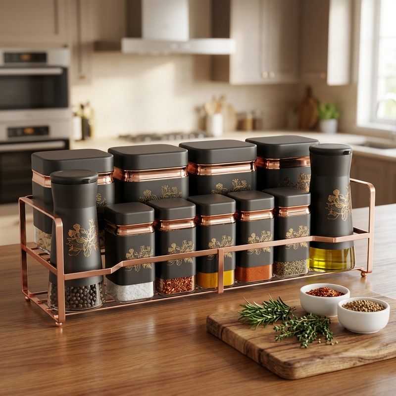 Premium Spice Jar Set with Rose Gold Metal Stand 12 Piece