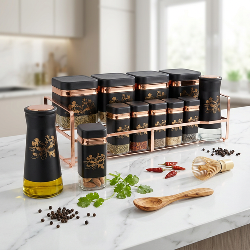 Premium Spice Jar Set with Rose Gold Metal Stand 12 Piece