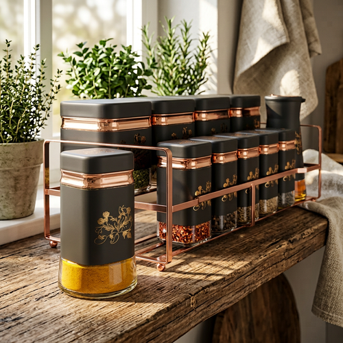 Premium Spice Jar Set with Rose Gold Metal Stand 12 Piece