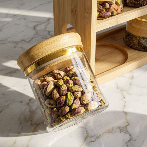 Elegant Glass Spice Jar Set with 3 Tier Wooden Display Rack
