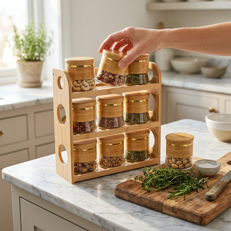 Elegant Glass Spice Jar Set with 3 Tier Wooden Display Rack