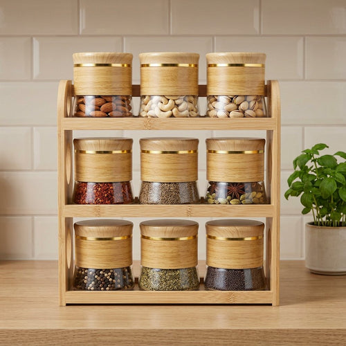 Elegant Glass Spice Jar Set with 3 Tier Wooden Display Rack