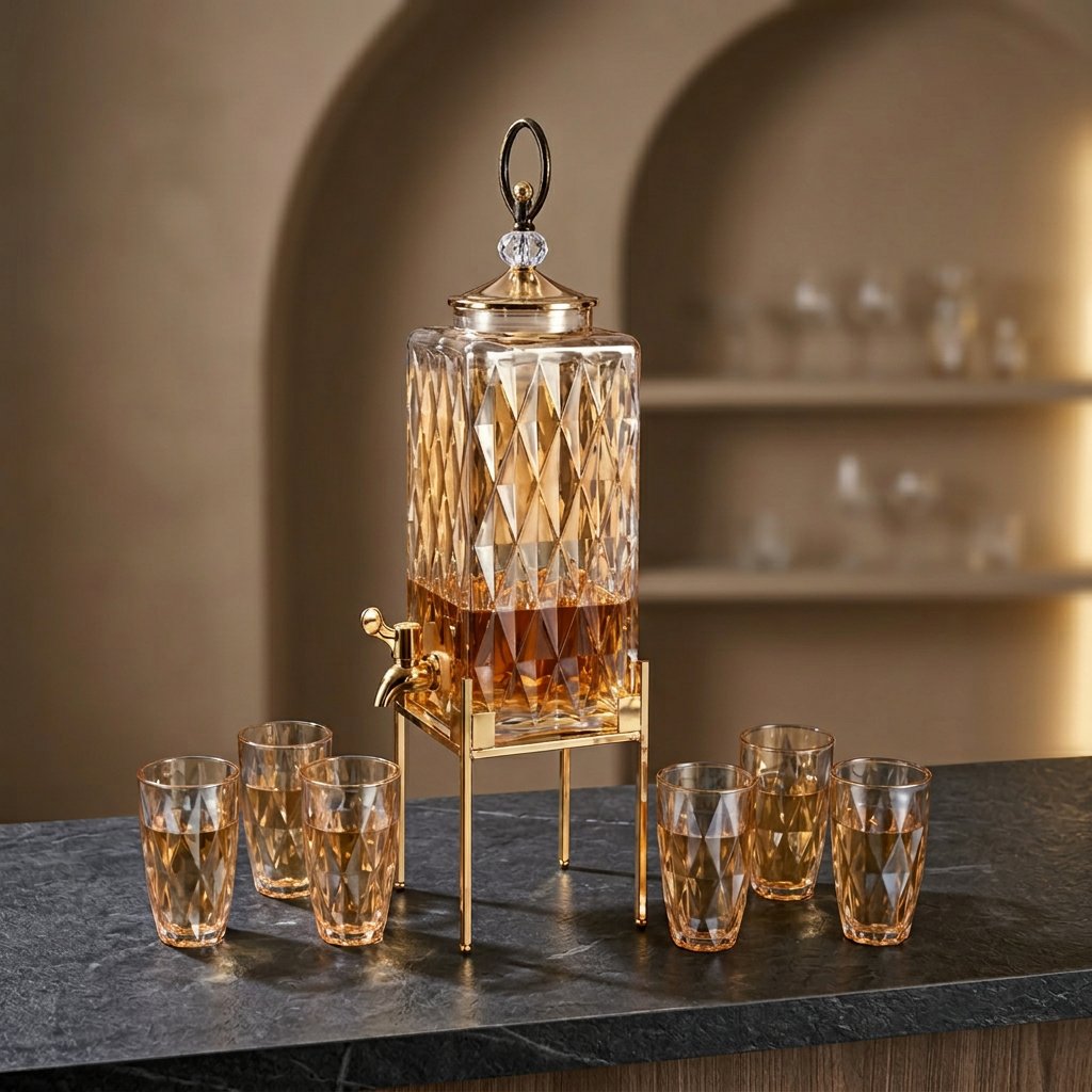 Luxury Square Glass Dispenser with 6 Glass & Gold Stand