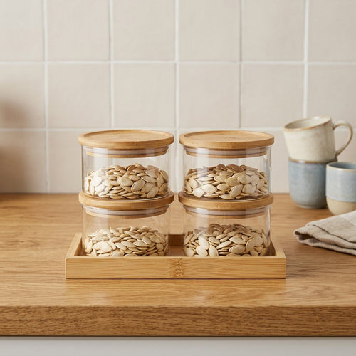 Stackable Glass Storage Jar Set with Bamboo Serving Tray