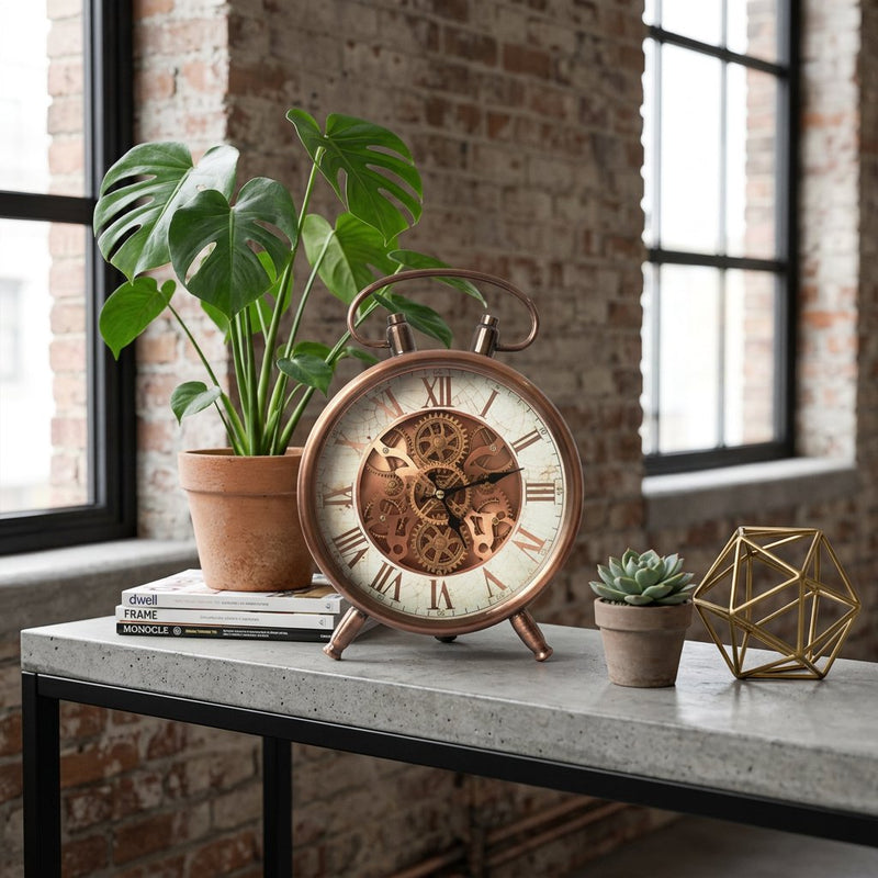 Industrial Copper Twin-Bell Style Mantel Clock