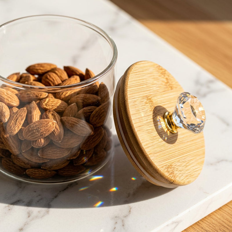 Elegant Round Glass Jar Set with Wooden Display Stand