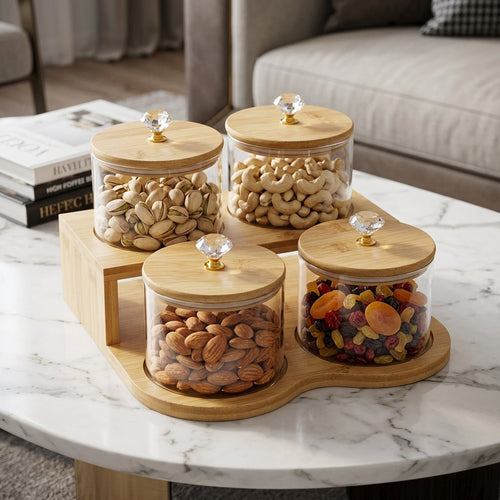 Elegant Round Glass Jar Set with Wooden Display Stand