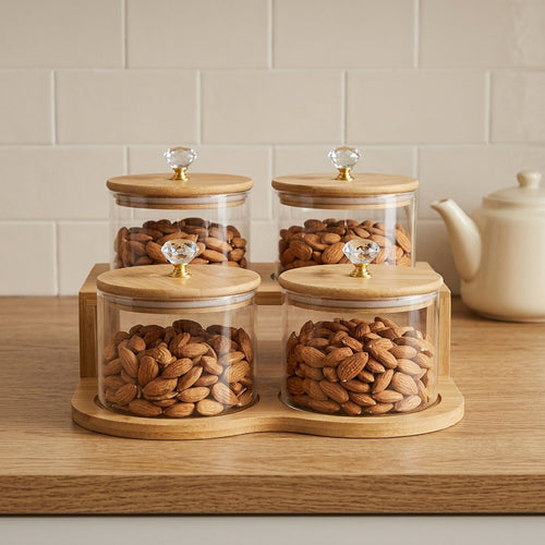 Elegant Round Glass Jar Set with Wooden Display Stand
