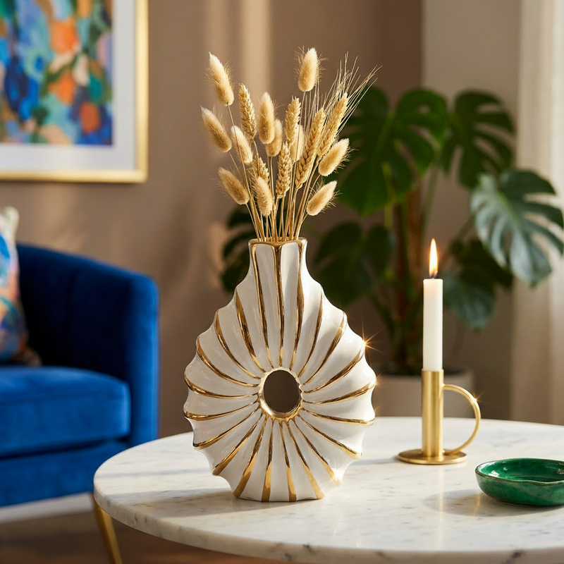 Luxury Swirl White & Gold Hollow Ceramic Vase