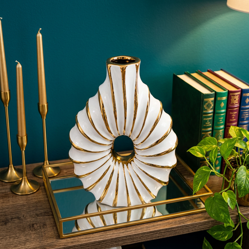 Luxury Swirl White & Gold Hollow Ceramic Vase