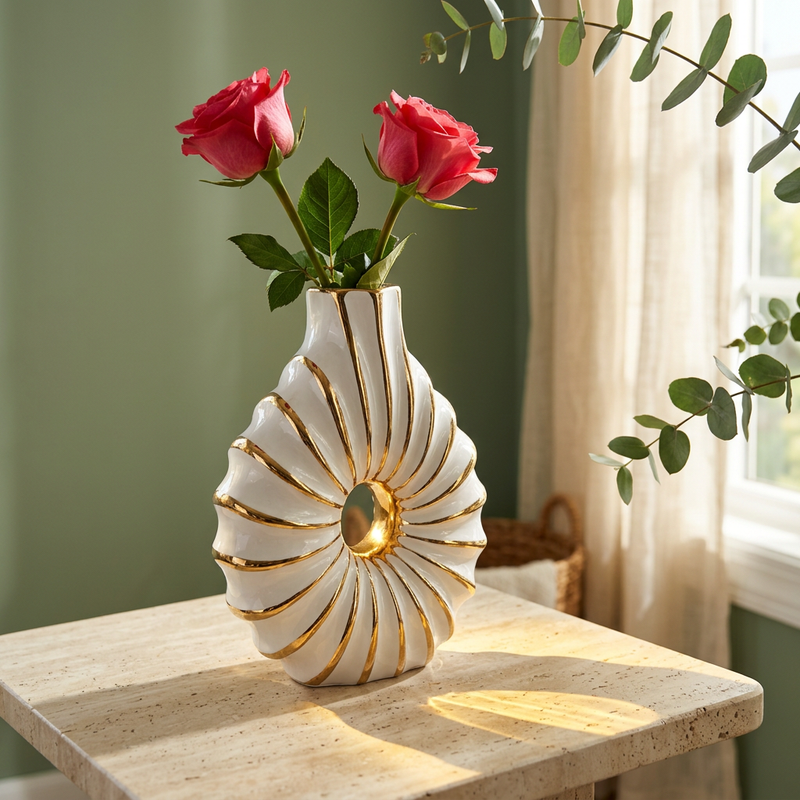 Luxury Swirl White & Gold Hollow Ceramic Vase