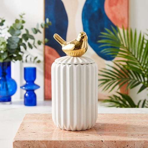 Slim Ceramic Vanity Jar with Gold Bird Handle