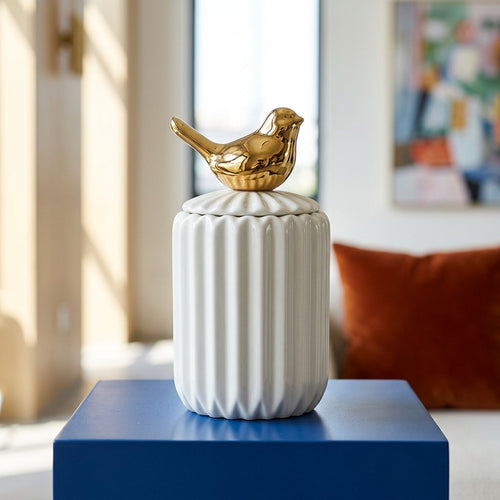 Slim Ceramic Vanity Jar with Gold Bird Handle
