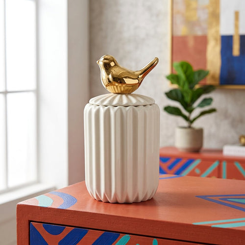 Slim Ceramic Vanity Jar with Gold Bird Handle