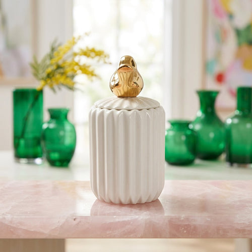 Slim Ceramic Vanity Jar with Gold Bird Handle