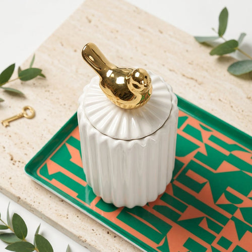 Slim Ceramic Vanity Jar with Gold Bird Handle