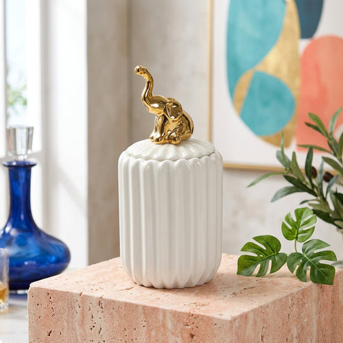 Slim Ceramic Vanity Jar with Gold Elephant Handle