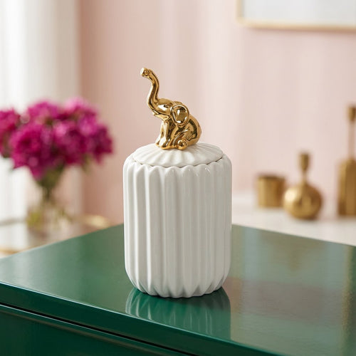 Slim Ceramic Vanity Jar with Gold Elephant Handle