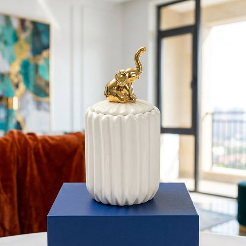 Slim Ceramic Vanity Jar with Gold Elephant Handle