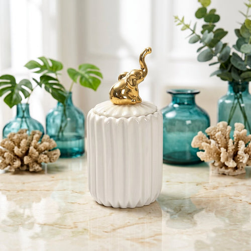 Slim Ceramic Vanity Jar with Gold Elephant Handle