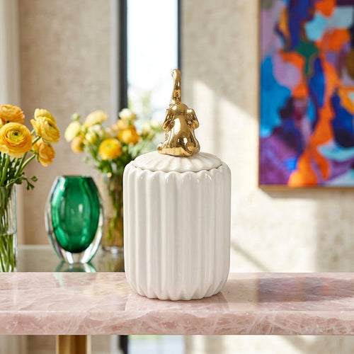 Slim Ceramic Vanity Jar with Gold Elephant Handle