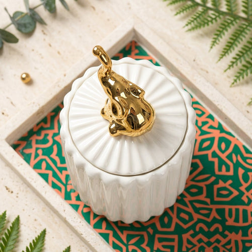 Slim Ceramic Vanity Jar with Gold Elephant Handle