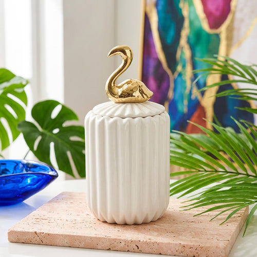 Slim Ceramic Vanity Jar with Gold Flamingo Handle