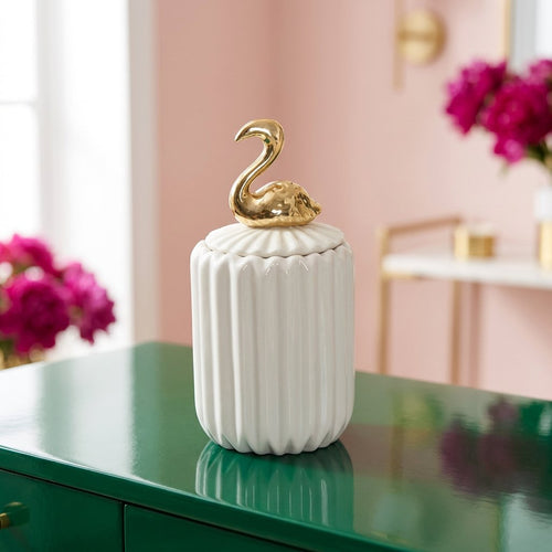 Slim Ceramic Vanity Jar with Gold Flamingo Handle