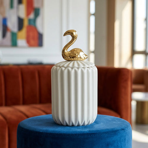Slim Ceramic Vanity Jar with Gold Flamingo Handle
