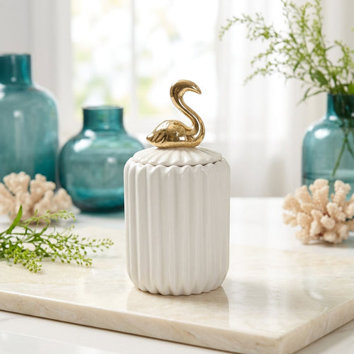 Slim Ceramic Vanity Jar with Gold Flamingo Handle