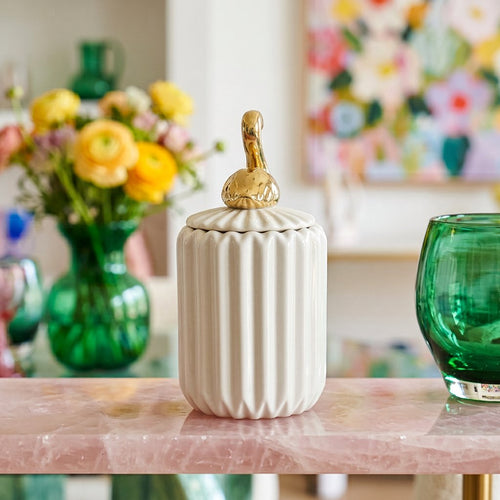 Slim Ceramic Vanity Jar with Gold Flamingo Handle